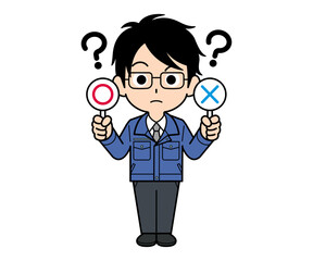 まるバツ札を持つ営業マンの男性