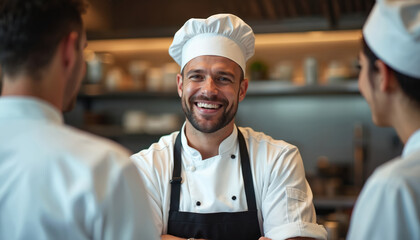 Cheerful male chef with beard, hat smiles warmly at camera. Two colleagues stand near, engaged in friendly discussion. Work together in modern, pro restaurant kitchen. Positive team atmosphere,
