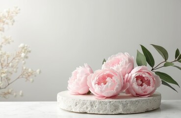 Soft pink peonies rest on a stone pedestal. Delicate white branches are blurred in background. Minimalist scene with smooth stone and marble surface. Elegant floral arrangement.