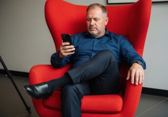 Middle Aged Man Relaxed in a Red Armchair While Using His Smartphone