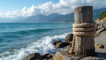 Wooden post with thick rope secured on rocky shore near blue ocean waves. Distant mountains under a partly cloudy sky create a calm seascape background for coastal serenity and nature themes.