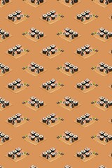 Seamless sushi pattern with wooden serving boards on warm orange background in repeating 3D illustration for Asian dining