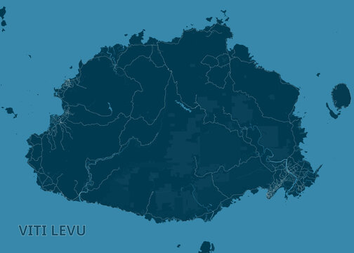 map of Viti Levu, the largest island in Fiji. The map is rendered in a monochromatic blue palette, with the island itself in a darker shade of blue and the surrounding ocean in a lighter shade.