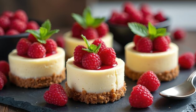Individual cheesecakes topped with fresh raspberries and mint leaves. Served with extra berries and a spoon, this sweet dessert looks delicious and creamy.