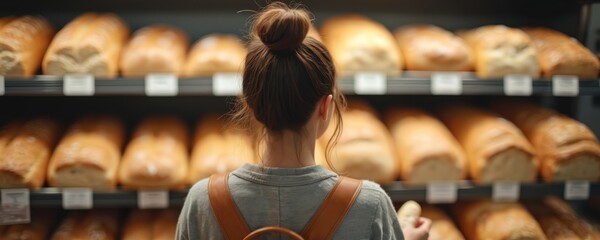 Woman selects loaf of bread from shelf in store. Customer chooses baked goods at supermarket bakery. Adult girl shops for food. Casual shopper buys pastry in market.