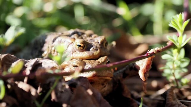 Accouplement de crapaud commun (Bufo bufo) en milieu naturel, comportement reproducteur et amplexus chez les amphibiens