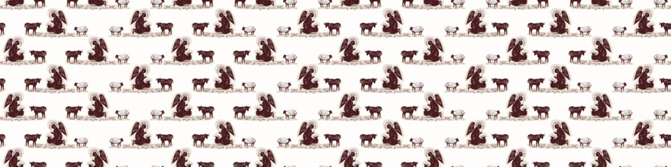 Naklejka premium Hand drawn angelic messenger for Christian Christmas vector border. Lino cut Angels with star of Bethlehem trim. Religious nativity scene washi tape.