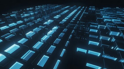 Abstract digital matrix of glowing blue rectangular blocks receding into a dark futuristic technological background