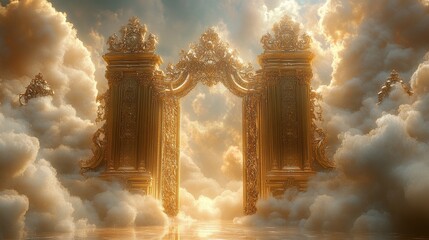 Ornate majestic golden gates open among clouds with rays of light shining through, symbolizing heaven, divinity, paradise, and spirituality in a breathtaking vision of eternity and celestial beauty.