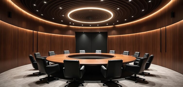 Luxury round conference room with wood paneled walls and modern circular ceiling lights. Black leather chairs surround a large oval wooden table, ideal for business meetings or executive discussions.