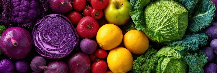 Vibrant Display of Organic Fruits and Vegetables in Rainbow Hues for a Healthy Lifestyle