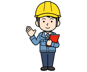 ファイルを持って案内するヘルメットをかぶった現場監督の男性