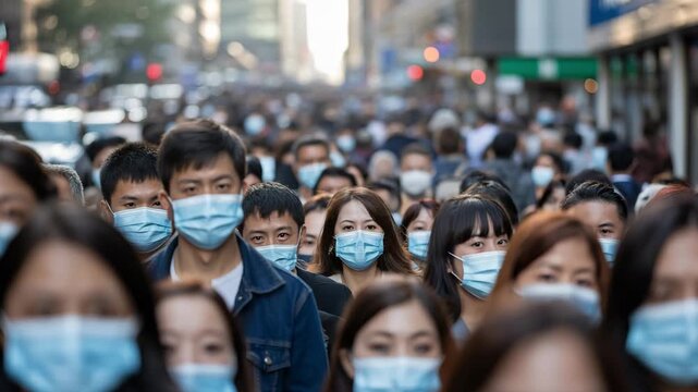 Busy city street bustling with masked commuters during rush hour, showing resilience and adaptation during pandemic times