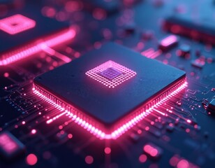 Central processor unit on circuit board glows with neon pink energy. Futuristic technology and complex data flow visualized on microchip. High tech computing and digital network.