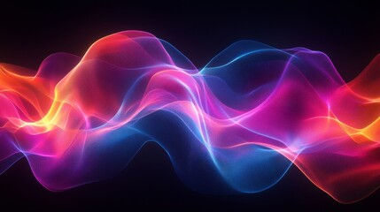 Glowing abstract neon waves in pink, orange and blue flowing across a dark background, symbolizing digital energy, futuristic light patterns, motion, technology, creativity and modern design
