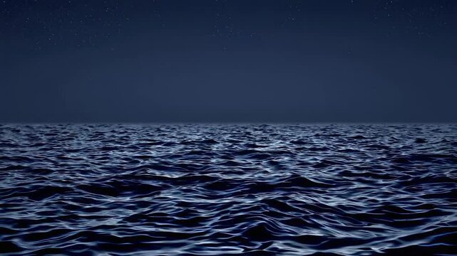 This mesmerizing video captures the vastness of the deep ocean under a serene night sky. The gentle waves ripple softly, reflecting the moonlight, creating a calm and tranquil atmosphere perfect for r