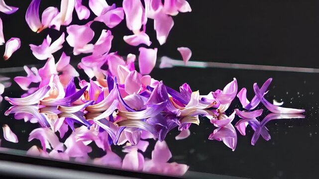 This elegant video showcases vibrant pink petals gently falling onto a reflective surface. The delicate movement and vivid colors create a mesmerizing visual effect, evoking feelings of beauty and tra