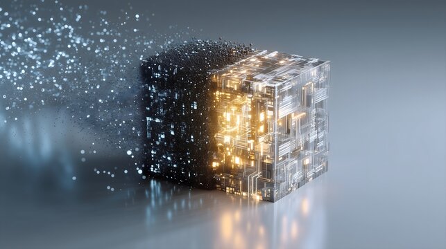 Dark data cube transforming into glowing AI cloud core, digital transformation, artificial intelligence, cloud computing, data migration and next generation technology concept