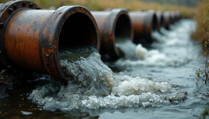 Industrial pipes spill dirty liquid waste into natural stream. Water contamination from industrial outflow affects ecosystem. Environmental hazard, pollution problem. Chemical discharge ruins