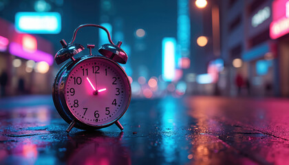 Alarm clock on wet street reflects neon lights from city buildings. Time shows shortly after midnight signaling new beginnings, opportunities, urban nightlife themes. Modern tech with retro design.