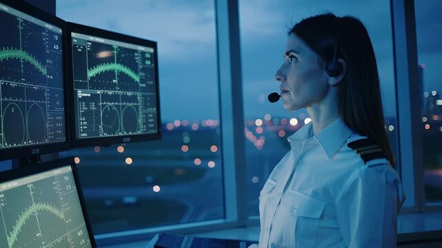 Control tower operations at night with a female air traffic controller monitoring flights in a busy city