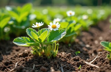Fototapeta premium Young strawberry plants with white flowers grow in rich brown soil. Green leaves unfurl on small bushes ready for harvest. Healthy new life emerges from the earth.