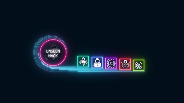 Neon Cybersecurity UNSEEN HACK Visualization with Hacker, Digital Lock and Target Icons in a Futuristic Glowing Interface for Network Security, Cyber Attack Analysis and Modern Technology Concepts