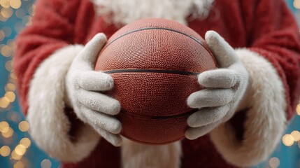 Fototapeta premium Close up image of Santa Claus Hands in White Gloves Holding Basketball Gift on Blue festive Background Front View