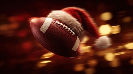 Dynamic American Football Ball Wearing Santa Hat Flying with Motion Blur on Red Background