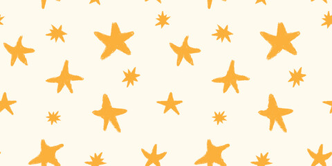 Childish cute stars seamless pattern. Starry doodle comic background. Baby style yellow pencil chalk crayon drawings star shapes. Playful package wallpaper textile child product design