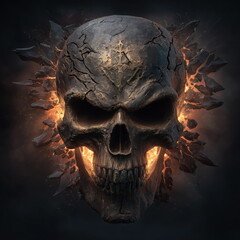 Wall Art Golden Biker Skull Breaking Through Shattered Steel with Fire and Explosions