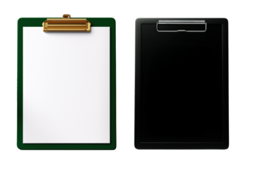 Minimalist clipboards with metal clips, one white and one black, isolated on a transparent background with clean space for text and design layouts.