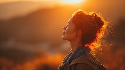 Serene Young Woman Embracing the Sunrise, Experiencing Joy and Gratitude in Nature's Embrace