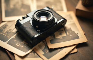 Vintage film camera rests on aged sepia photographs. Classic analog device atop old prints evokes nostalgia and past memories. Captures history, tradition, and timeless moments.