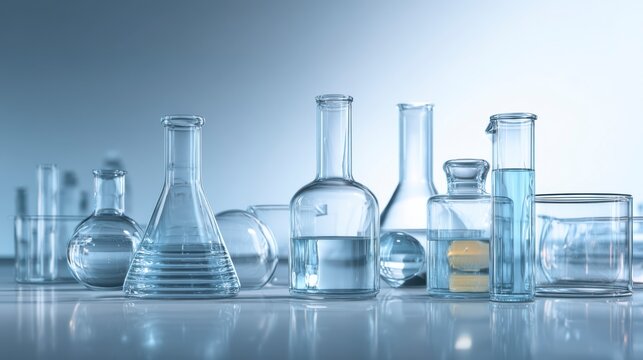 Laboratory Glassware: A sophisticated assortment of laboratory glassware gleams against a subtle gradient background. The image showcases the scientific method's foundation. 