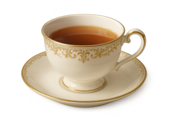 Elegant Teacup with Tea on transparent background, ornate gold design