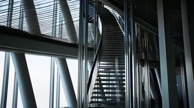 This stunning video showcases a sleek, modern spiral staircase set against a backdrop of glass and metal. The interplay of light and shadow highlights the architectural beauty, creating an inspiring v