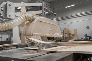 The image shows a wood saw cutting planks in a workshop setting. Concept of precision, craftsmanship, and the manufacturing process is conveyed