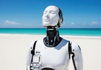 Futuristic Humanoid Robot Relaxing On White Sand Beach Holding Water Bottle By The Ocean Horizon