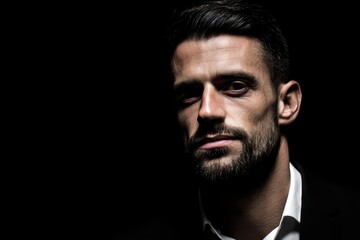 Obraz premium Professional Man in Closeup Stance Against Black Background, Exuding Confidence and Entrepreneurial Spirit