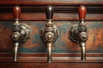 On Tap: Close-Up of Three Distinct Beer Tap Spouts Showcasing Ales at the Bar
