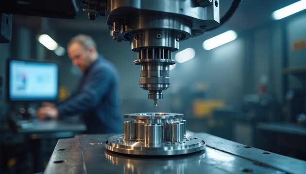 Metal part is shaped by CNC machine in workshop. Operator monitors production on computer screen. Precision engineering and advanced manufacturing processes.