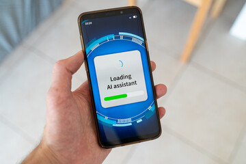 Loading AI assistant message on smartphone screen. Concept of personal AI agent.