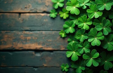 Green clover leaves grow on old dark wood planks. Fresh shamrock fills right side, perfect for St Patricks Day background, spring celebration, good luck theme.