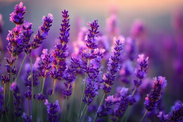 Naklejka premium Serene Lavandula Landscape: Closeup of Violet Flowers at Sunset in Provence, France for a Tranquil Natural Aesthetic