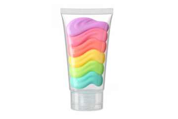 Transparent cosmetic pastel cream tube offering rainbow colors, presenting skincare, beauty, and spa concepts on transparent background
