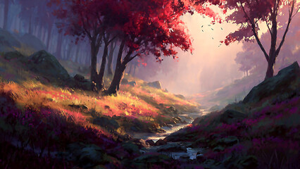 Enchanted forest with vibrant red trees, Ethereal autumn river valley painting