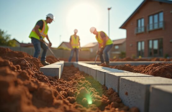 Construction workers in safety vests and helmets carefully lay foundation blocks for a new house extension. Building crew works outdoors under bright sun on site. Men constructing home.