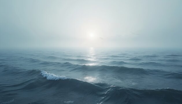 Vast ocean with gentle waves under hazy sunlight. Deep blue water stretches to the horizon. Atmosphere feels calm and serene. Endless sea surface with sun glare.