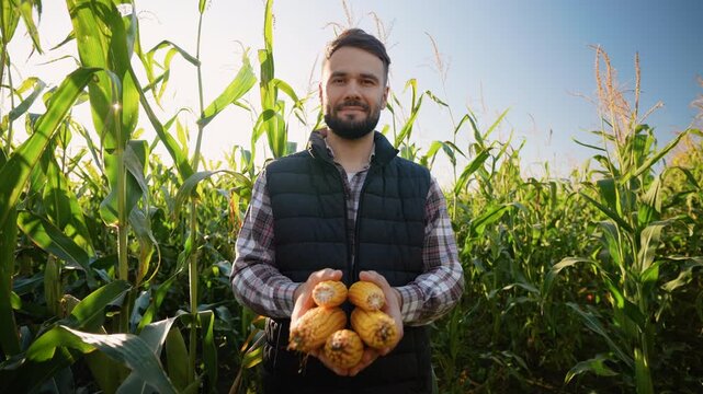 Smiling young farmer holding ripe corn in green cornfield